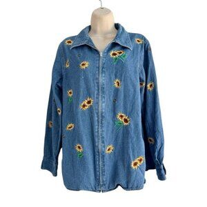 Vtg Quacker Factory Woman's Sz M Blue Denim Zip Up Jacket Embroidered Sunflowers